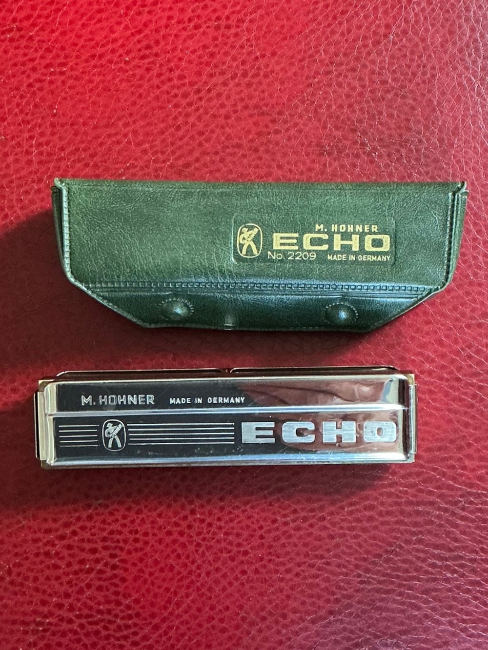 Vintage M. Hohner Echo Harmonica Germany Music Instrument & Original Green Case